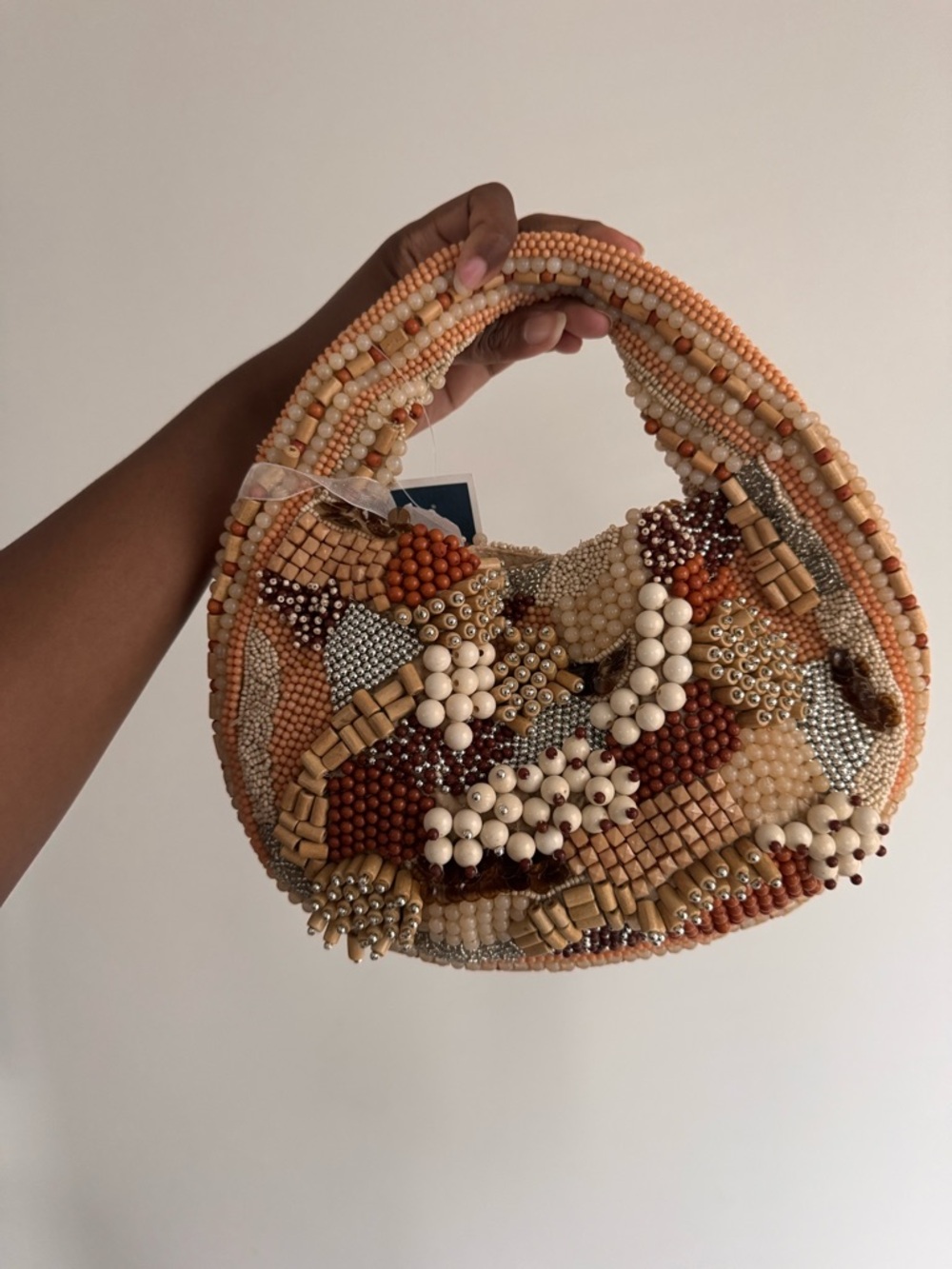 Marshalls Beaded Mini Crescent Bag in Beige, Tan and Cream